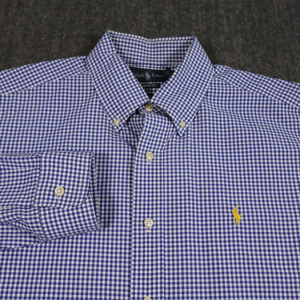 Ralph Lauren Mens Blue Gingham Check Button Down Shirt Classic Fit Large L